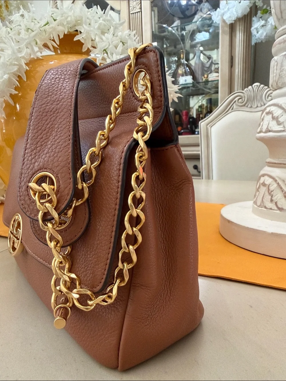 Tory Burch Brown Leather Shoulder Bag with Gold Chain